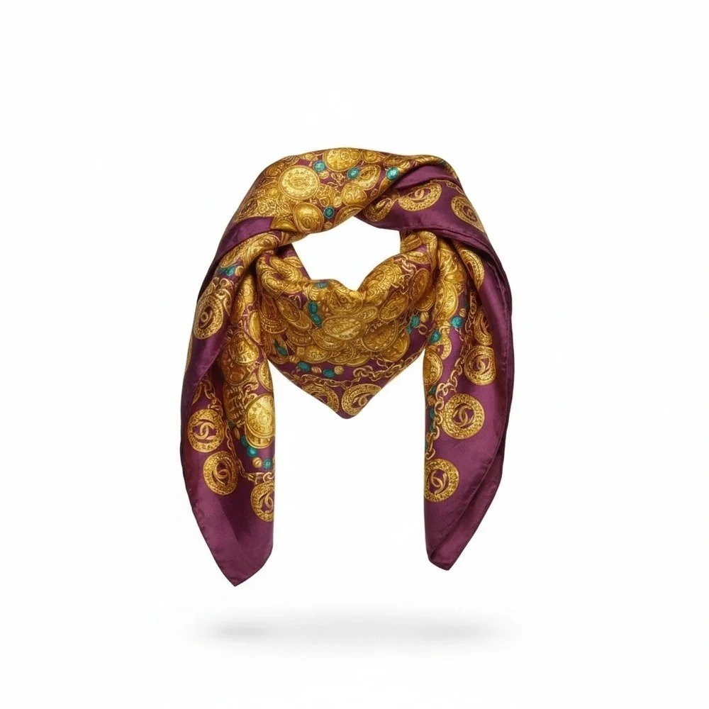 Vintage Chanel Silk Scarf in Burgundy with Gold Chain and Coin Detail